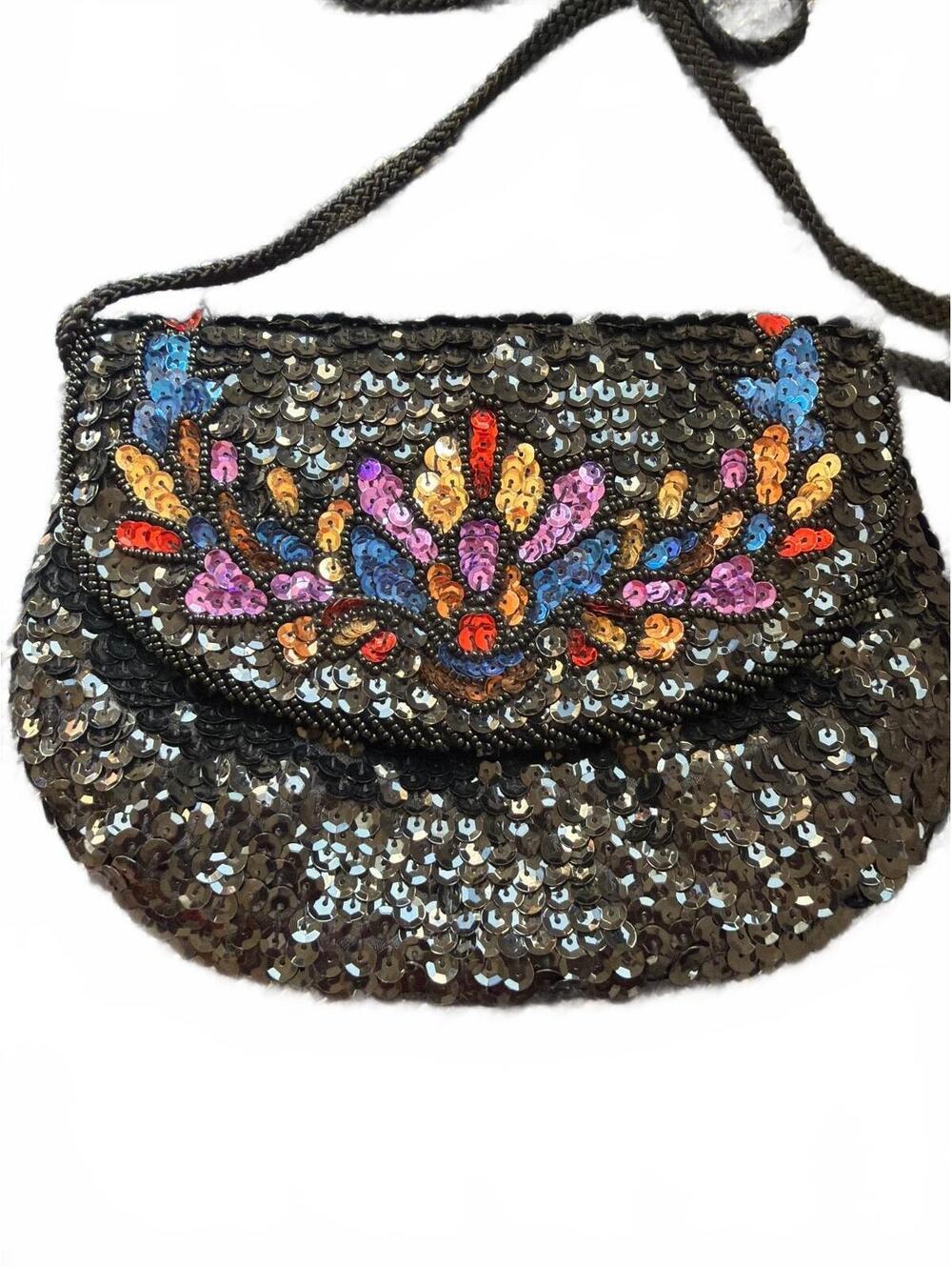 Vintage La Regale Ltd. Handmade Black Sequin Evening Bag with Colorful Embroider